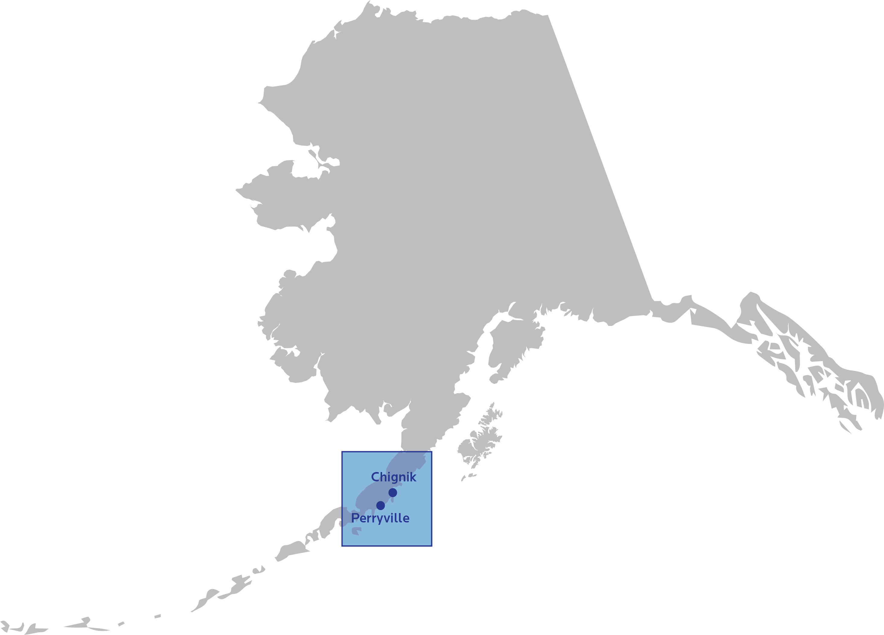 Map of Alaska with a box around Chignik and Perryville